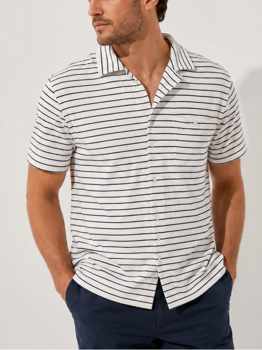 J.Crew • Knit Goods Men’s Large Terry Cloth Camp Shirt Navy Ivory Striped